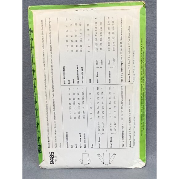 Vintage Simplicity 9485 Pattern for Misses Blouse with Options Size 16 - Picture 2 of 2